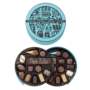 Caja redonda azul 25 chocolates con barra de chocolate negro sin personalización