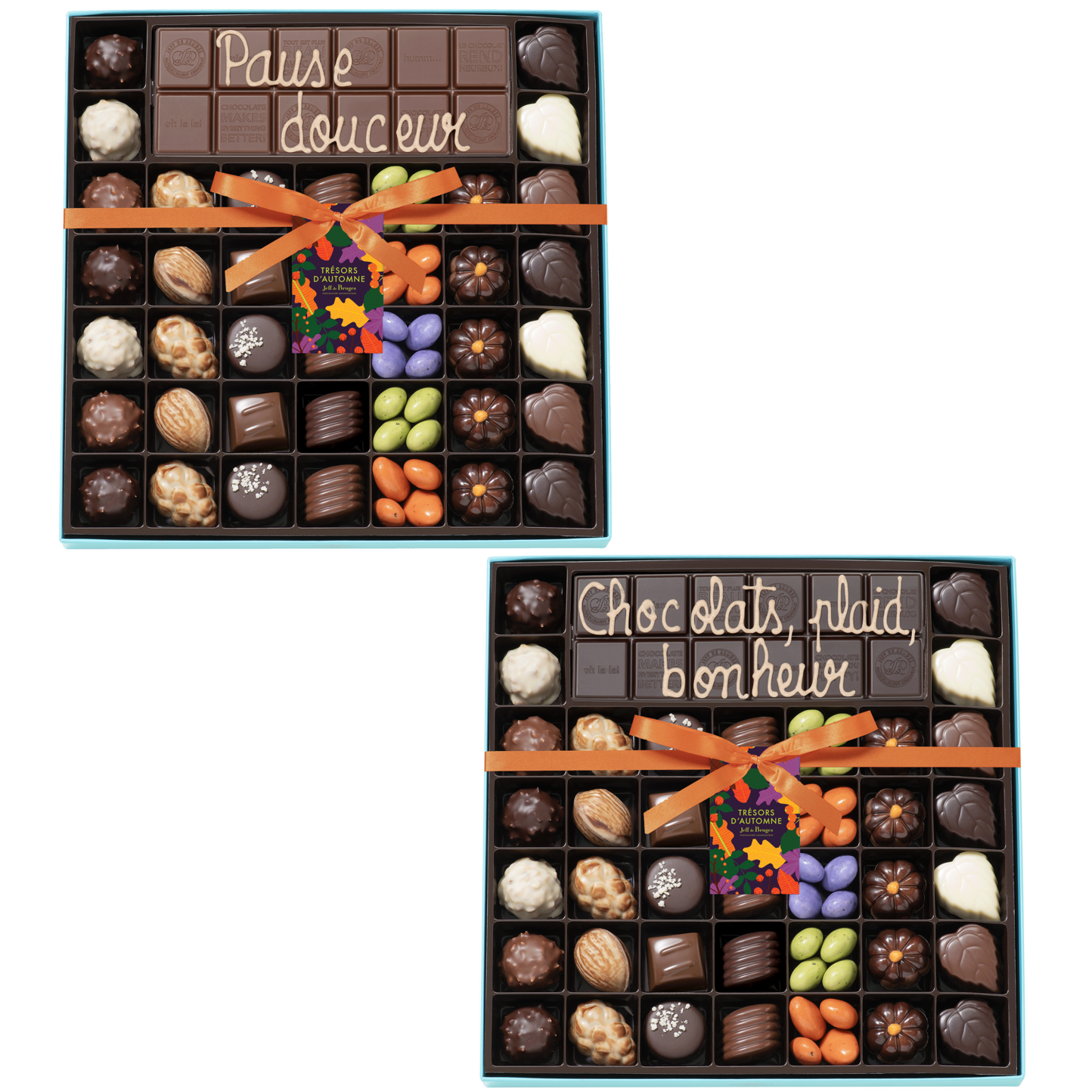 0dcbcb6f8a367c3fa8342e4828fde1a2d5bd21d8_boite39 Boite 39 chocolats d'automne assortis et tablette chocolat au lait ou chocolat noir - Imagen 1