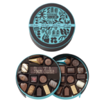 Caja redonda marrón 25 chocolates con barra de chocolate negro con personalización