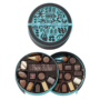 Caja redonda marrón 25 chocolates con barra de chocolate negro con personalización