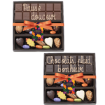 Boite chocolats d’automne assortis et tablette de chocolat au lait ou noir
