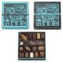 Caja cuadrada azul 32 chocolates a juego y su barra de chocolate negro con personalización - Imagen 2