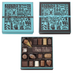 Caja cuadrada de 32 chocolates a juego y su barra de chocolate gourmet