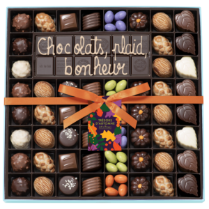 37e310d14bbcb5faf1a9d8919da4b283972a1445 Boite 54 chocolats d automne tablette noir avec perso Jeff de Bruges Logroño