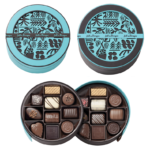Caja redonda marrón o azul 20 chocolates a juego