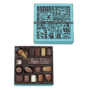 Boite carrée bleue 32 chocolats assortis et sa barre chocolat noir sans personnalisation